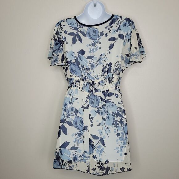 Studio Y Y2k cream blue floral semi-sheer boho elastic waist Flutter Sleeve top - Picture 2 of 5